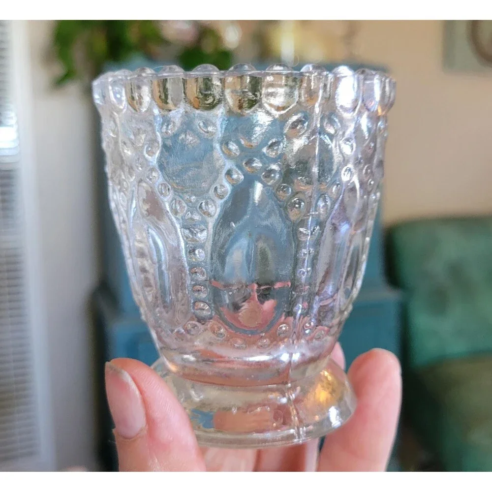 Set of 4 Clear Pressed Glass Votive Holders, EAPG Style Hobnail Scalloped Cups